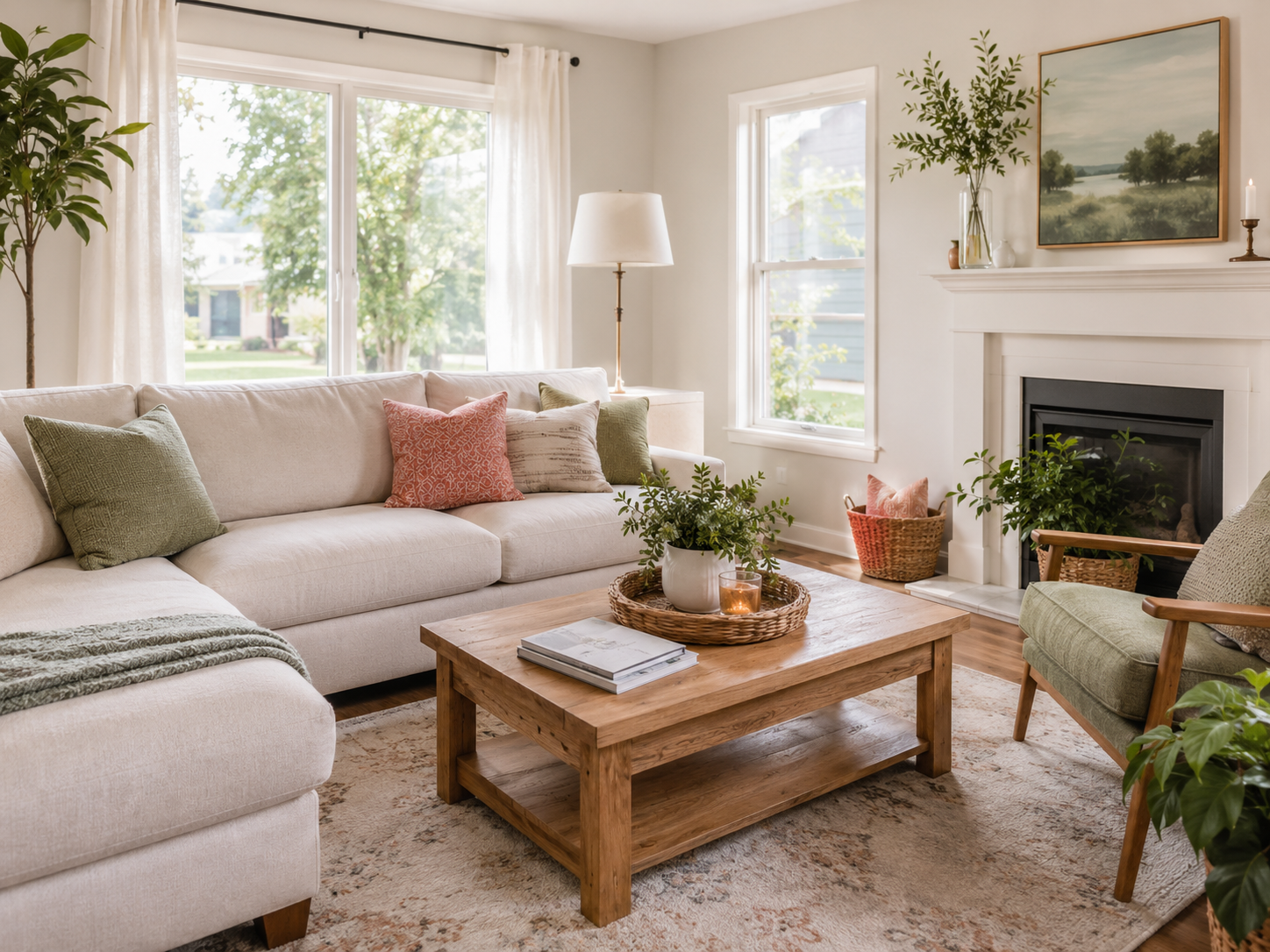 Bright furnished living room with sage and coral accents